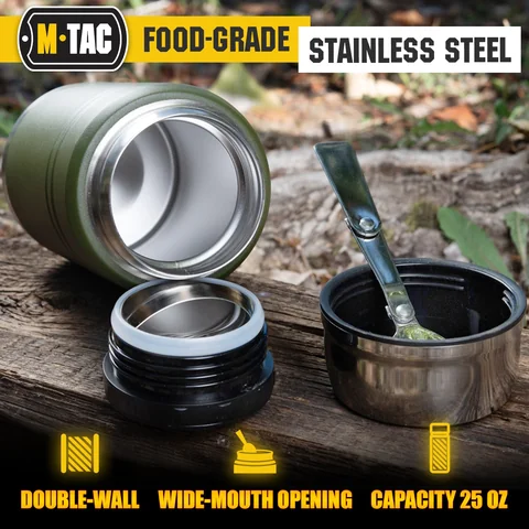 M-Tac Stainless 25 oz Thermos with folding spoon Olive image 3